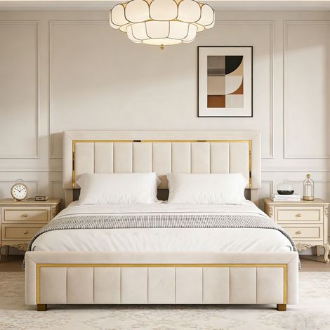 Letto contenitore 140x190 cm - POCKETPOP - Tessuto velluto - Bordo placcato oro - Ripostiglio pratico - Stile moderno classico (1/5)