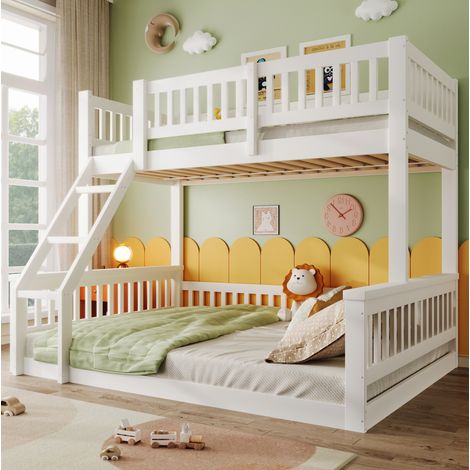 Litera (205x150x147 cm), con barandillas de seguridad, escalera, madera de pino, blanca (1/5)