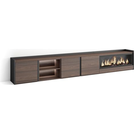 Skraut Home - Mobile TV Soggiorno, Ampio spazio a disposizione, 315x35x50cm, Per TV fino a 80", Camino elettrico XXL, LED, Stile moderno, Rovere scuro e Nero (1/5)