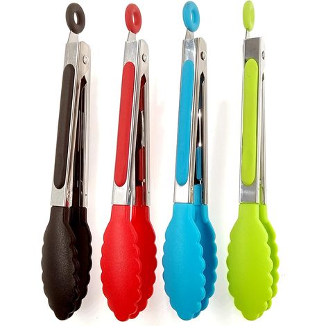 Pinces de cuisine, lot de 4, 18 cm, en acier inoxydable antidérapant avec clip de verrouillage, pour la cuisson, les grillades et le service. Résistantes à la chaleur et de qualité alimentaire. (1/4)