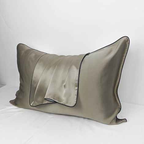 MINKUROW Federa per Cuscino - 100% Seta di Gelso Naturale - per Capelli e Pelle - 19 mm Seta su un lato - 2 unità, Seta, Standard 48x74cm Taupe (1/5)