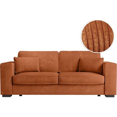 Loungitude – Canapé droit fixe 3 places en velours côtelé – Terracotta – Compact et confortable pour petits espaces – Montage facile en 2 colis (1/5)