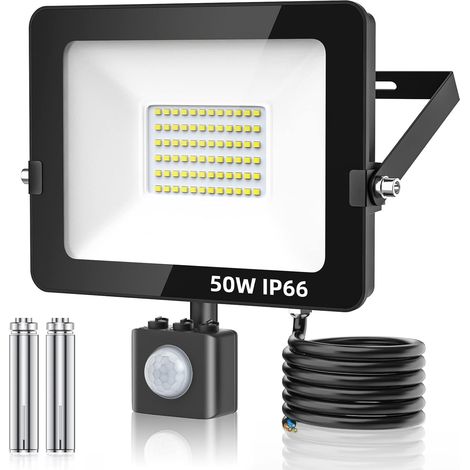 MINKUROW 50w Foco Led Con Sensor De Movimiento Para Exteriores, 5000lm 6500k Super Bright Daylight White, Ip66 Foco Led Impermeable Para Patio, Garaje, Campo Deportivo [Clase De Eficiencia Energética  (1/5)