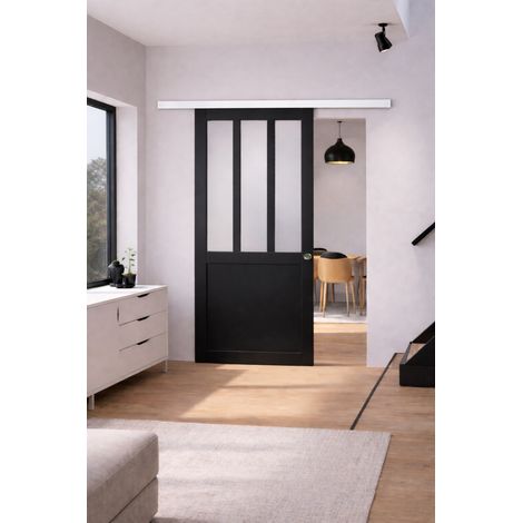 Porta scorrevole da laboratorio nera con vetro depoli H204 x L83 cm, binario in alluminio con fascia bianca, conchiglie Gd Menuserie