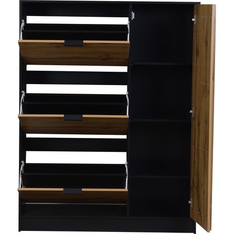Zapatero de MDF 100x30x130 cm con 3 compartimentos abatibles y 1 puerta, natural y negro (1/5)