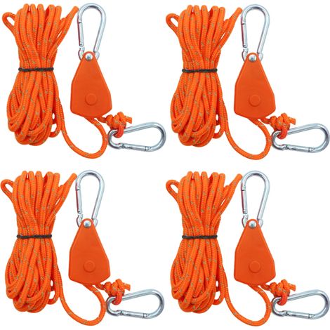 Lot de 4 cordes réglables à cliquet avec tendeurs de corde, suspension à cliquet réfléchissantes, légères, avec crochets, pour tentes de camping, auvents (orange, 4 mm x 4 m) (1/5)