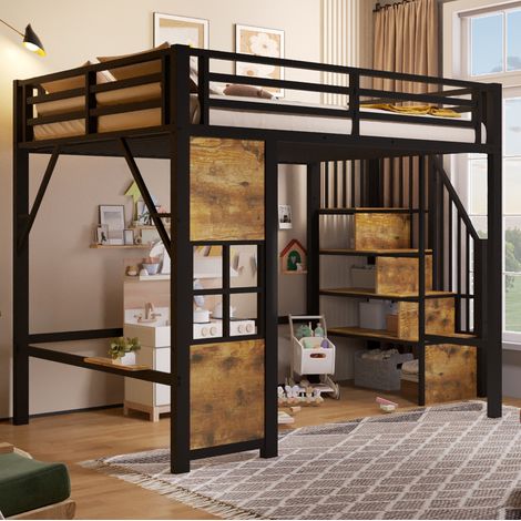 Cama alta infantil 140x200 cm, con escalera con almacenaje, zona de juego abierta, MDF y metal negro (1/5)