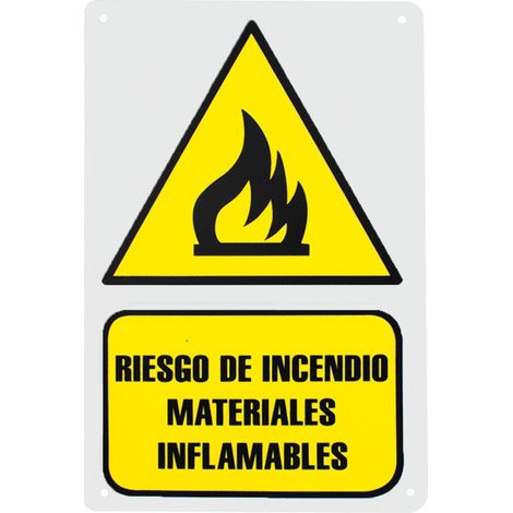 Señal PVC RIESGO INCENDIO materias inflamables 30x20 cm, alta resistencia y fácil instalación