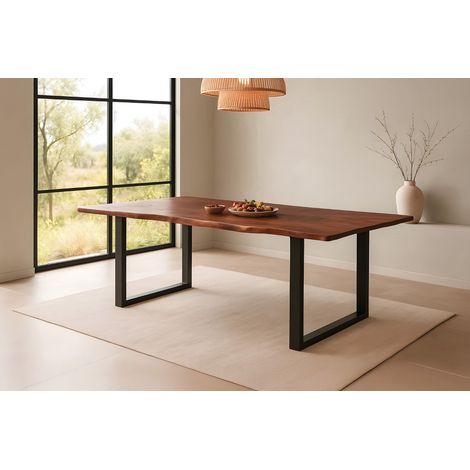 Esstisch Baumkante massiv Akazie kastanienfarben 200 x 100 cm U-Gestell schwarz Roxana (1/5)