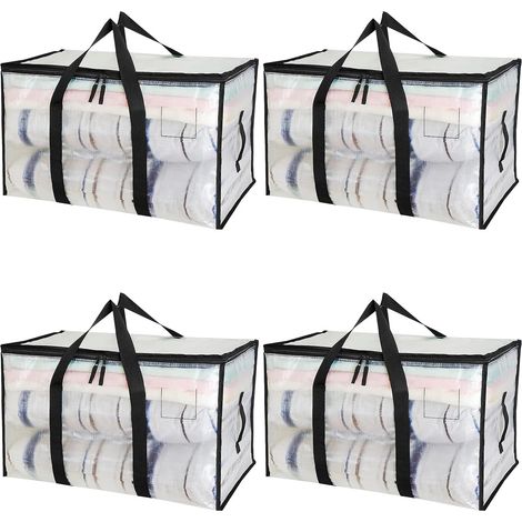 Juego de 4 bolsas de almacenamiento transparentes de 90 litros con tapa y asas, ideales para mudanzas y viajes. (1/5)
