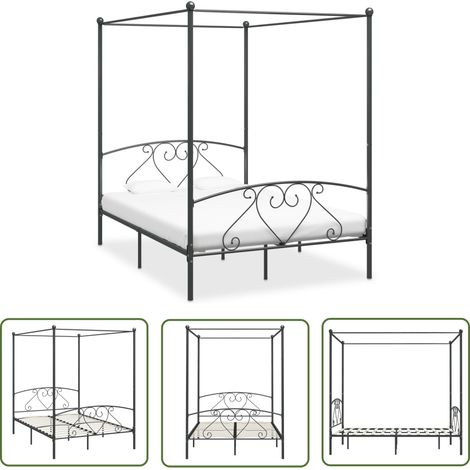 The Living Store Cadre de lit à baldaquin sans matelas gris métal 160x200 cm - Cadre De Lit - Lit À Baldaquin - Lit Double - Lit Metal - Chambre À Coucher (1/5)