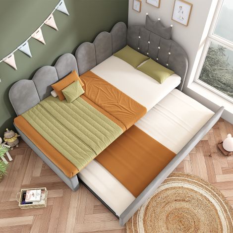 Divano letto estraibile 90 x 200 cm, letto singolo per ospiti 90 x 190 cm, a forma di L, velluto grigio, motivo a intreccio, design grazioso ed elegante, salvaspazio per camerette o camere degli ospit