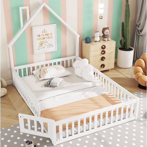 Letto bambini 140x190 cm a forma di camino con sponda di sicurezza, rete a doghe, in pino, senza materasso, bianco (1/5)