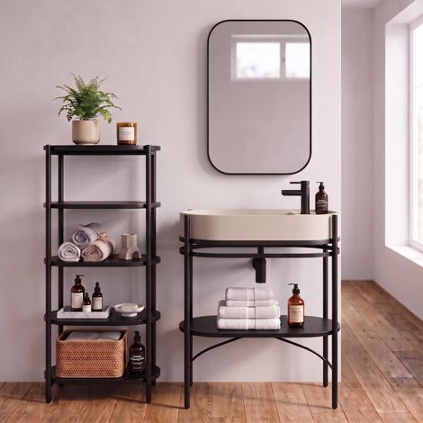 Einzelwaschtisch 80 cm auf Füßen aus schwarzem Metall mit Betonwaschbecken, schwarzer Armatur, Spiegel und Hochschrank (1/5)
