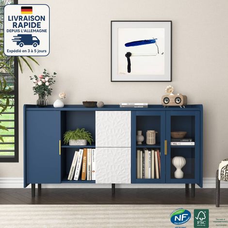 Buffet contemporain, meuble de rangement 140 cm avec 2 tiroirs, 2 niches ouvertes, 2 portes vitrées - bleut (1/5)