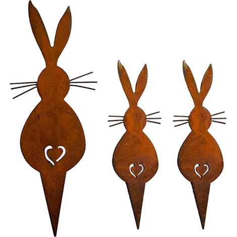 Statue Lapin - Décoration Jardin Extérieur en Métal Rouillé - Pour Pâques Printemps Été Automne Hiver - Lot de 3