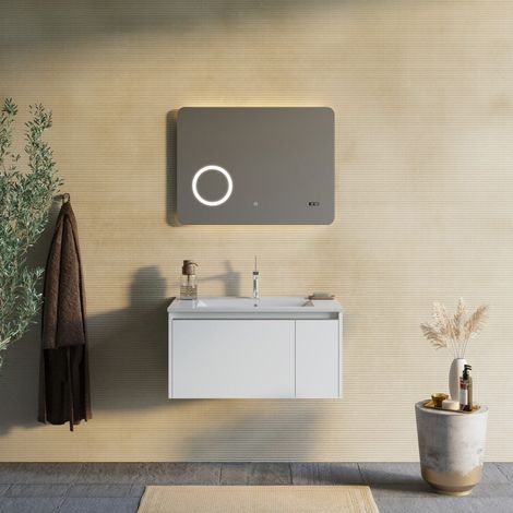 Wandhängender Badezimmerschrank 80Cm Matt Weiss Spiegel 80X60 Touch Led Monaco