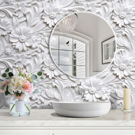 Blanc Papier Peint Adhesif Mural 3D Motif Floral Pâquerette Rouleau Adhesif Decoratif Mural 44.5cm x 700cm Tapisserie Murales Papier Peint Fleur Imperméable Vinyle Revetement Autocollant (1/5)