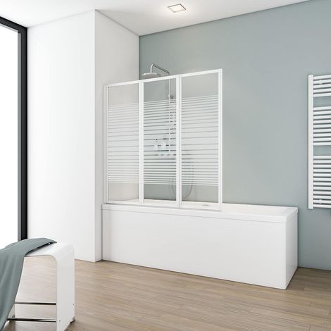 pare baignoire l.127 x 121 cm, blanc, 3 volets (47+40+40) pivotants, à coller sans perçage, écran réversible rabattable, verre de sécurité 3 mm décor sérigraphié (1/5)
