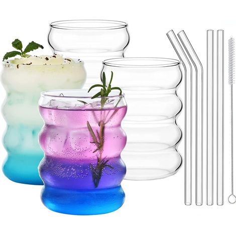 Lot de 4 verres ondulés vintage 355 ml avec pailles