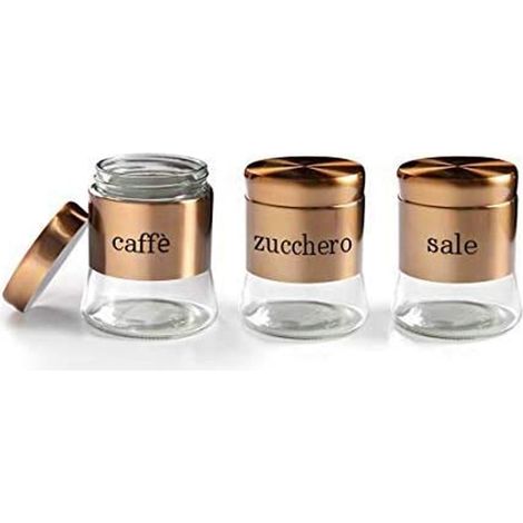 Set 3 Barattoli 750 ml Porta Caffe Zucchero Sale Ø11x14 cm in Acciaio e Vetro Rame (1/4)