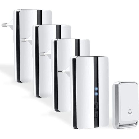Sonnette de porte sans fil sans fil - Sonnette sans fil avec quatre récepteurs - Étanche - 4 niveaux de volume - 52 sonneries - Sonnette de porte d'entrée - Sonnette sans fil extérieure (Blanc)