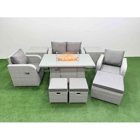 Fimous Light Grey PE Wicker Rattan Garden Furniture Set Sofa Set Reclining Chair Firepit Dining Table 7 Seater 3 Stools 2 Side Table (1/4)