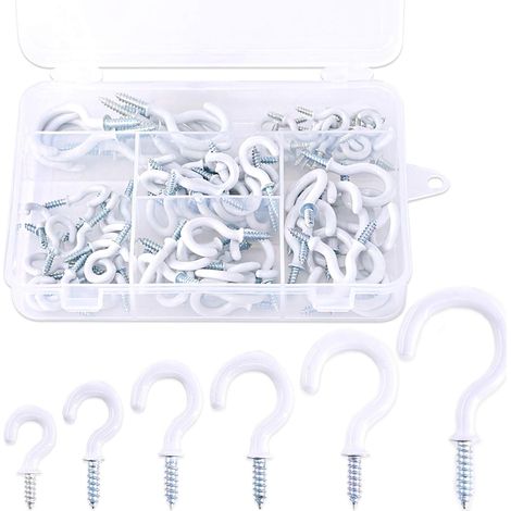 Kit de 100 crochets de plafond à visser en vinyle blanc de 6 tailles différentes pour tasses, crochets à vis, crochets pour vêtements (1/5)