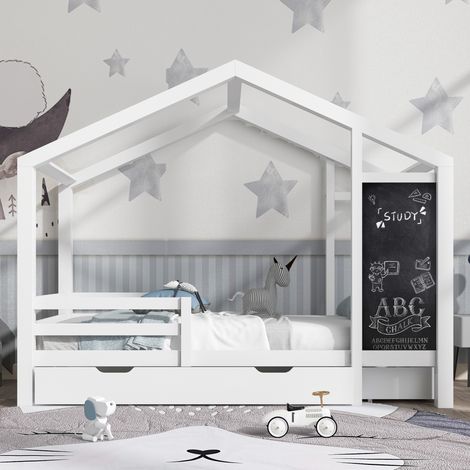 Letto a cabina in legno massello con tavolo e 2 cassetti, Letto per bambini 90 x 200 cm con barriera e rete, Bianco - Senza materasso (1/5)