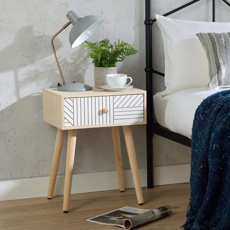 Bedside Table 1 Drawer Carving Design Pine Scandi Wooden Legs Bedroom Furniture (1/5)