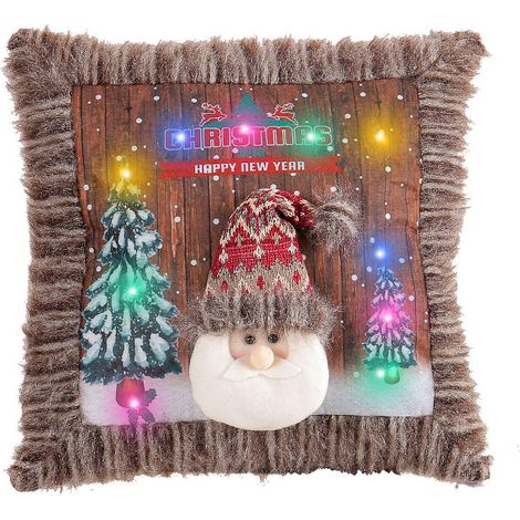 Taie D'oreiller Peluche Lumineuse Noëlle Avec Motif Père Noël Et Bonhomme De Neige, Coussin Décoratif Doux Pour Aînés -KZQ (1/2)