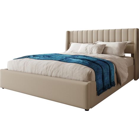 Lit coffre 160x200 cm double rembourré en tissu beige avec sommier relevable hydraulique, tête de lit capitonnée et grand rangement pour chambre  CHICFURN (1/5)