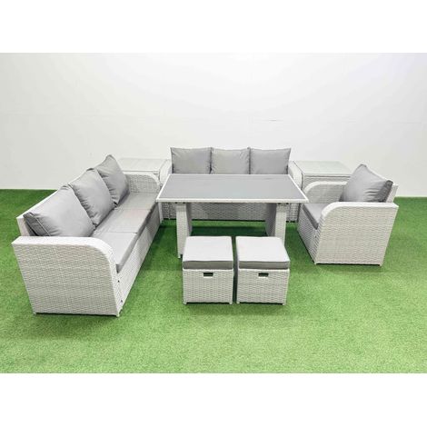 Fimous Rattan Garden Furniture Dining Set 9-seater Patio Rectangular Table Sofa Set with 2 Side Tables 2 Small Stools Light Grey (1/4)