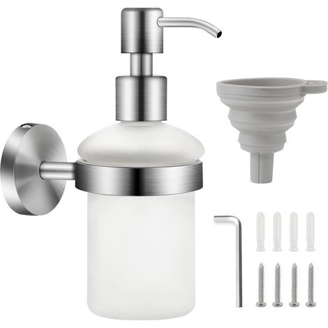 Distributeur de savon en verre - 200 ml - Shampoing - Bouteille de gel douche - Montage mural - Boîte de désinfection des mains - Porte-savon - Bouteille en verre satiné avec support amovible (1/5)