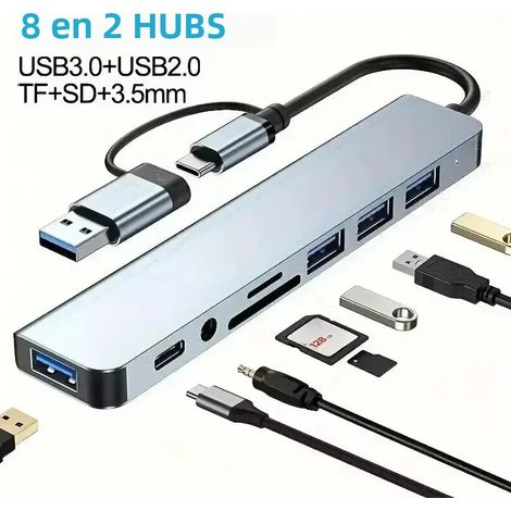 Adaptateur hub USB Type-C (8 en 2) avec lecteur de cartes SD/TF et port RJ45 (1/5)