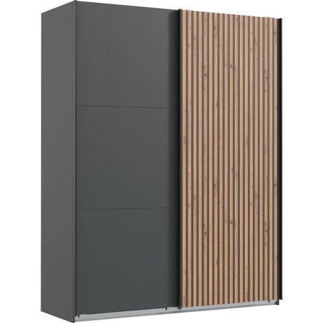 Pegane – Armoire à portes coulissantes graphite imitation chêne – Dimensions 200 x 216 x 65 cm – Panneaux mélaminés pour rangement moderne (1/2)