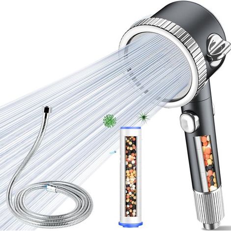 Soffione doccia con filtro, soffione doccia ad alta pressione, soffione doccia potente, doccetta, 3 tipi di getto, ABS grigio e bianco, accessori intercambiabili inclusi F (1/5)