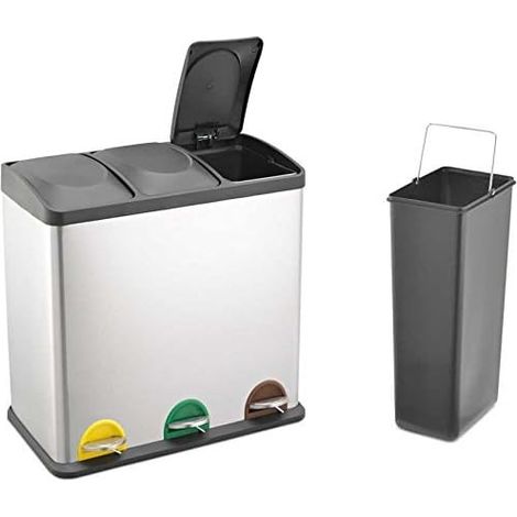 EVRE Recycling Bin with Lids for Kitchen / 45 Litre Capacity / 3 Compartments Waste Separation/Colour Coded (45L (3x15L))