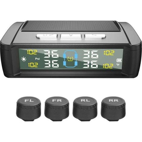 Sistema di monitoraggio della pressione degli pneumatici con sensori solari wireless, 4 sensori esterni e display della temperatura -Crezuo