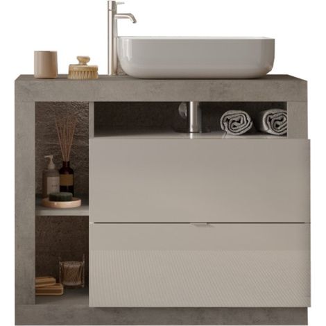 Meuble de salle de bain avec une vasque et 2 tiroirs, longueur 92cm, collection BURA. Coloris blanc brillant et béton (1/3)