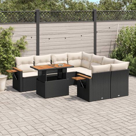 Ensemble de jardin 9 places en résine tressée noire avec coussins crème - Salon d'extérieur modulaire avec table réglable et repose-bras intégrés (1/3)