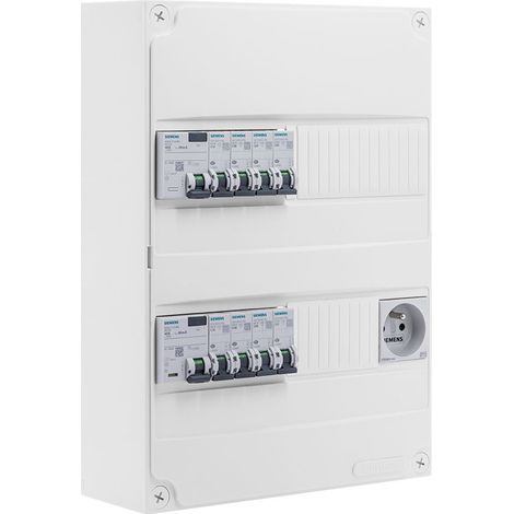 Siemens – Tableau électrique pré-équipé 2 rangées 26 modules – 8 disjoncteurs 30mA 40A – 2 interrupteurs différentiels – Prise 2P+T – Dimensions 350x250x97mm