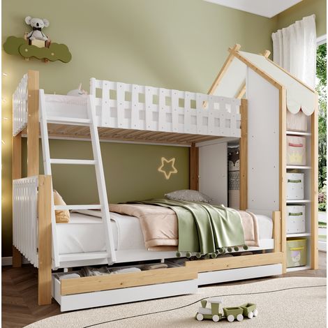 Etagenbett für Kinder 90x200 cm + 140x200 cm mit Stauraum, Leiter, weiß HAVRYA (1/5)