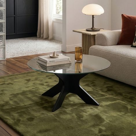 Tavolino da Caffè Imi con Piano Rotondo in Vetro Fumé Ø70 x 35 cm Grigio/Effetto Legno Nero [en.casa] (1/5)