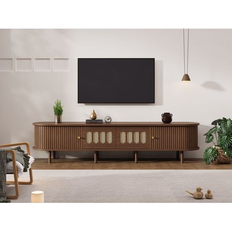 Meuble TV ovale couleur noyer en MDF 180 cm avec 2 tiroirs et 2 portes à rideau en rotin pour salon et séjour (1/5)