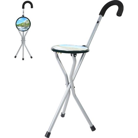 Canne pliante en fer portable avec siège, tabouret de voyage trépied, chaise de randonnée (1/5)