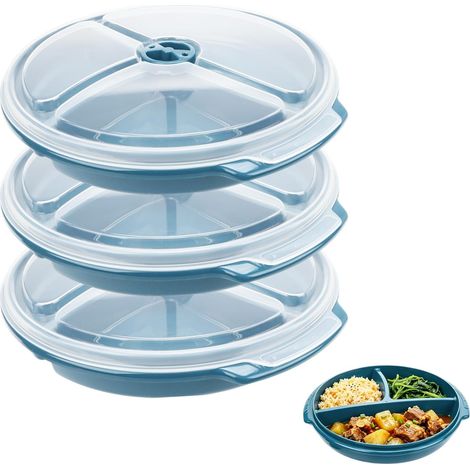 Lot de 3 assiettes à micro-ondes - 25 x 23 x 4 cm - Avec couvercle à 3 compartiments - Sans BPA - Réutilisable - Passe au micro-ondes - Pour chauffer, congeler