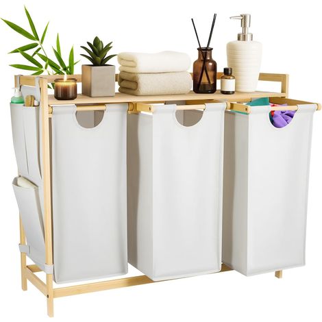 KingSaid Panier à Linge 3 Compartiments 135L en Bambou, Corbeille à Linge avec Étagère et Poches Latérales, Sacs Amovibles Lavables pour Rangement Buanderie (blanc) (1/5)