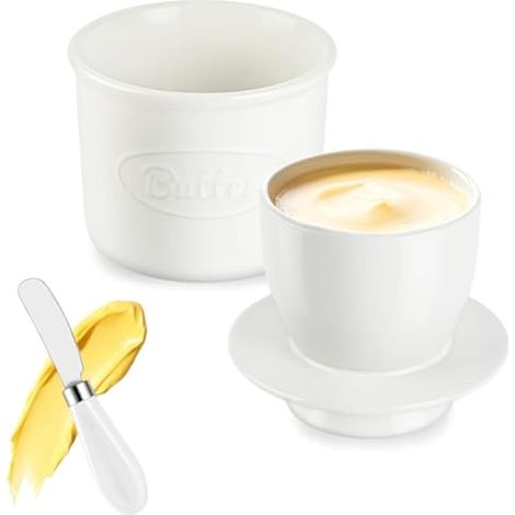 Beurrier en céramique avec couvercle et couteau, pot à beurre avec réserve d'eau, plat rond pour beurre frais tartinable, récipient de comptoir compatible lave-vaisselle, blanc
