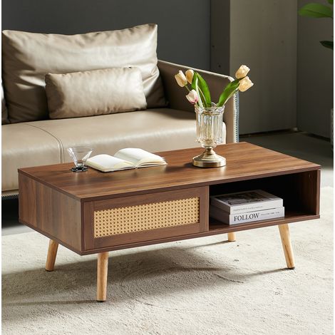 Couchtisch 105x55x40 cm braun aus MDF mit Rattan-Schiebetür und Massivholzbeinen (1/5)